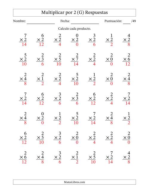 La hoja de ejercicios de Multiplicar (Factores de 0 a 7) por 2 (49 Preguntas) (G) Página 2