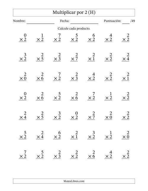 La hoja de ejercicios de Multiplicar (Factores de 0 a 7) por 2 (49 Preguntas) (H)