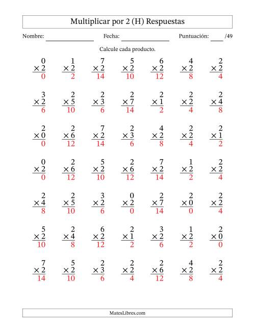 La hoja de ejercicios de Multiplicar (Factores de 0 a 7) por 2 (49 Preguntas) (H) Página 2