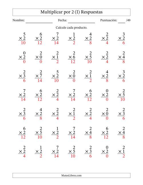 La hoja de ejercicios de Multiplicar (Factores de 0 a 7) por 2 (49 Preguntas) (I) Página 2