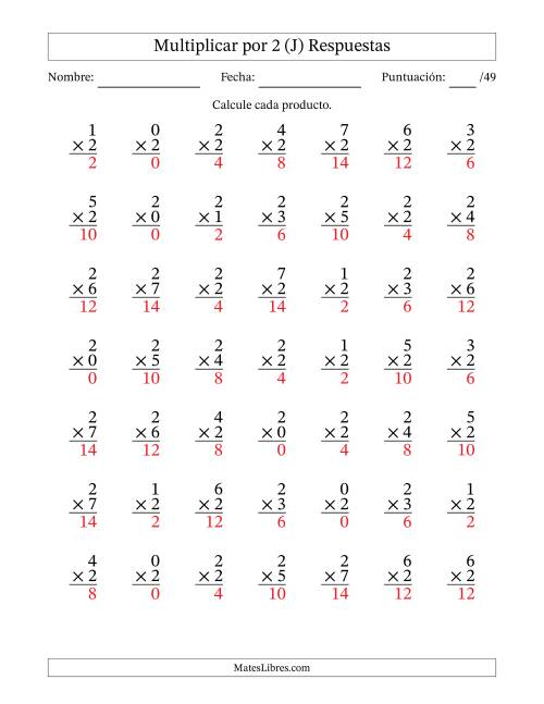 La hoja de ejercicios de Multiplicar (Factores de 0 a 7) por 2 (49 Preguntas) (J) Página 2