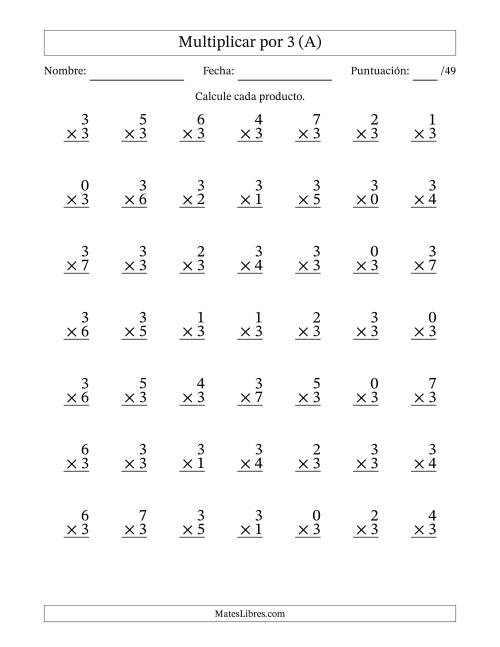 La hoja de ejercicios de Multiplicar (Factores de 0 a 7) por 3 (49 Preguntas) (A)