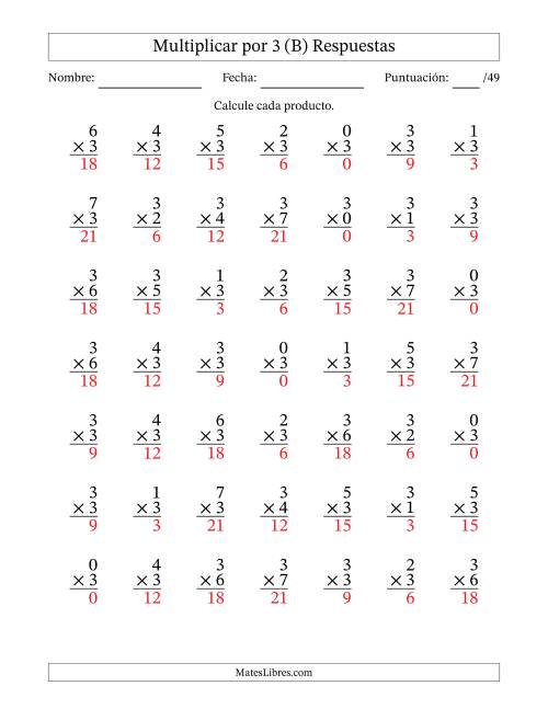 La hoja de ejercicios de Multiplicar (Factores de 0 a 7) por 3 (49 Preguntas) (B) Página 2
