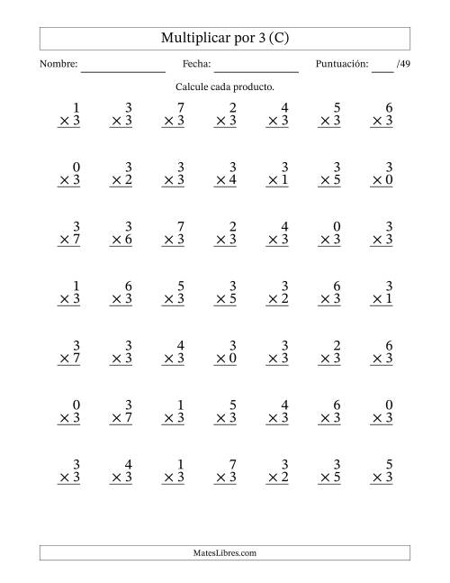 La hoja de ejercicios de Multiplicar (Factores de 0 a 7) por 3 (49 Preguntas) (C)