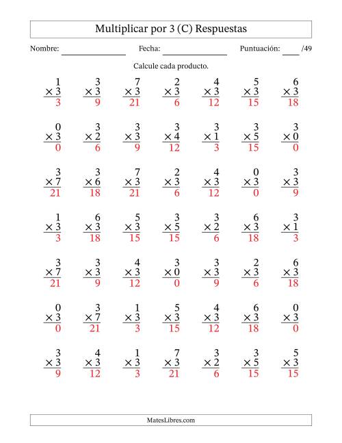 La hoja de ejercicios de Multiplicar (Factores de 0 a 7) por 3 (49 Preguntas) (C) Página 2
