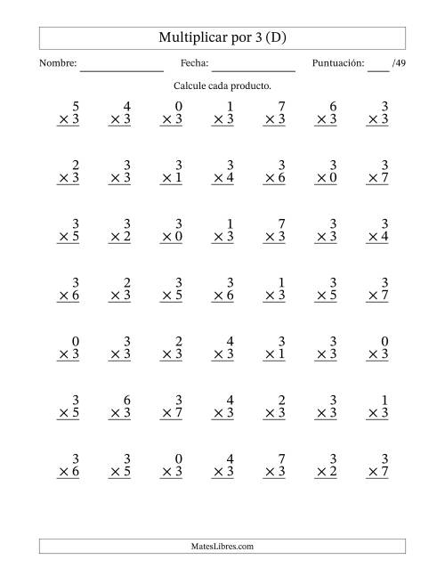 La hoja de ejercicios de Multiplicar (Factores de 0 a 7) por 3 (49 Preguntas) (D)
