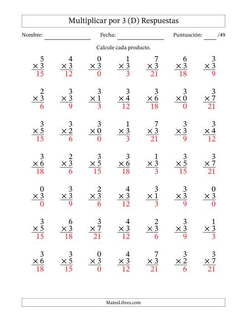 La hoja de ejercicios de Multiplicar (Factores de 0 a 7) por 3 (49 Preguntas) (D) Página 2
