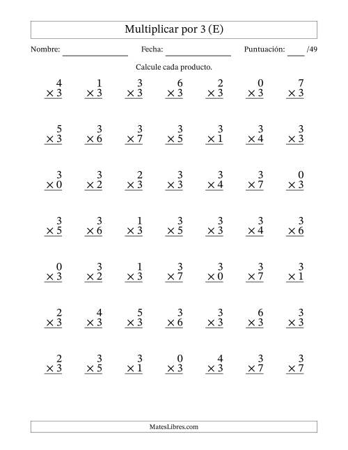 La hoja de ejercicios de Multiplicar (Factores de 0 a 7) por 3 (49 Preguntas) (E)