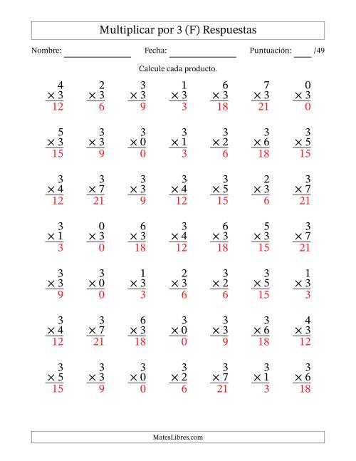 La hoja de ejercicios de Multiplicar (Factores de 0 a 7) por 3 (49 Preguntas) (F) Página 2