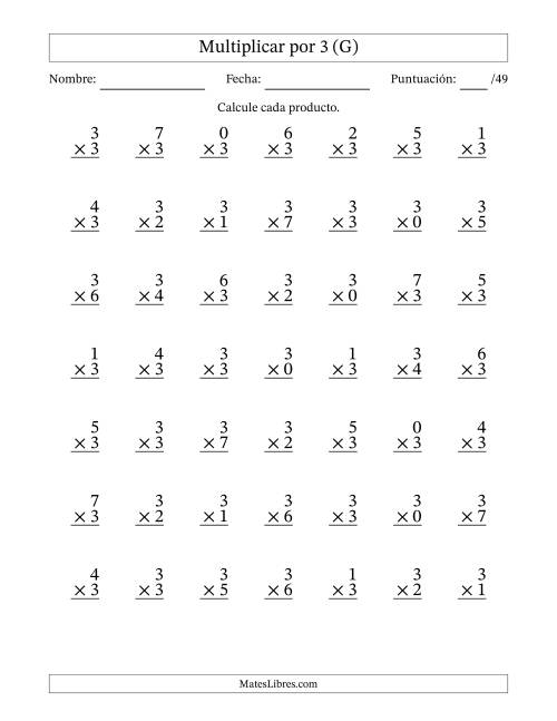La hoja de ejercicios de Multiplicar (Factores de 0 a 7) por 3 (49 Preguntas) (G)