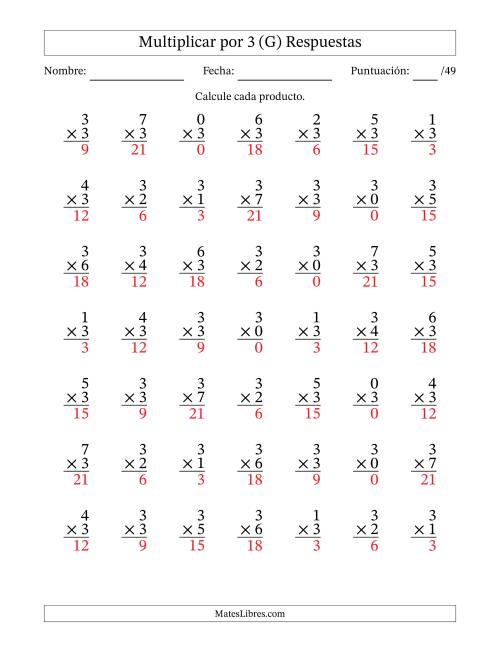 La hoja de ejercicios de Multiplicar (Factores de 0 a 7) por 3 (49 Preguntas) (G) Página 2