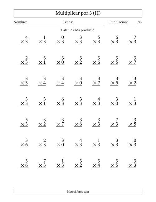 La hoja de ejercicios de Multiplicar (Factores de 0 a 7) por 3 (49 Preguntas) (H)