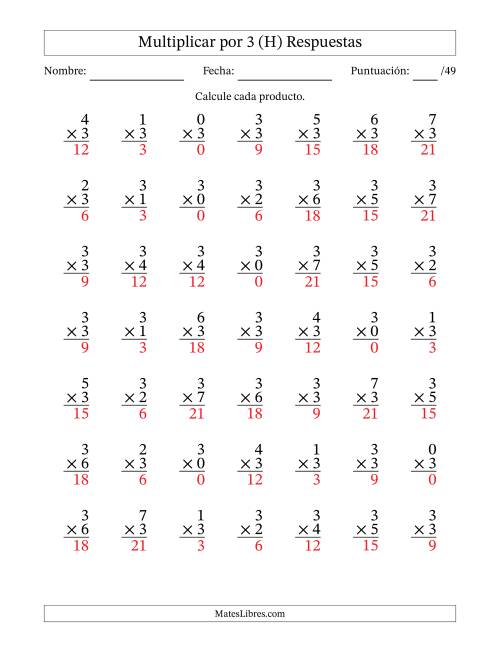La hoja de ejercicios de Multiplicar (Factores de 0 a 7) por 3 (49 Preguntas) (H) Página 2