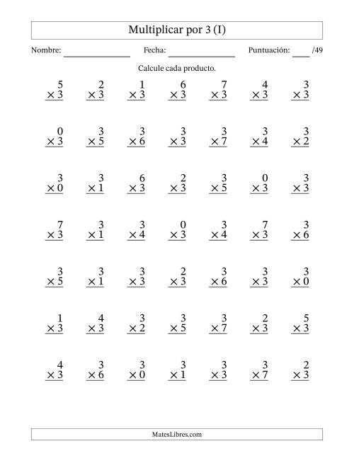 La hoja de ejercicios de Multiplicar (Factores de 0 a 7) por 3 (49 Preguntas) (I)