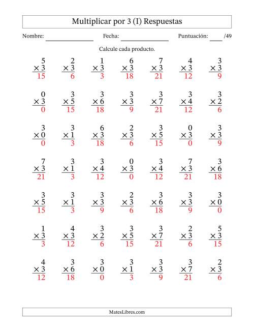 La hoja de ejercicios de Multiplicar (Factores de 0 a 7) por 3 (49 Preguntas) (I) Página 2