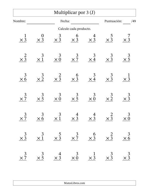 La hoja de ejercicios de Multiplicar (Factores de 0 a 7) por 3 (49 Preguntas) (J)