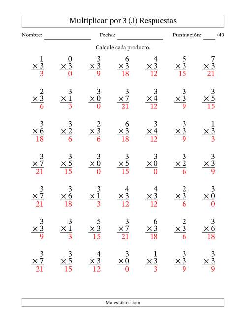 La hoja de ejercicios de Multiplicar (Factores de 0 a 7) por 3 (49 Preguntas) (J) Página 2