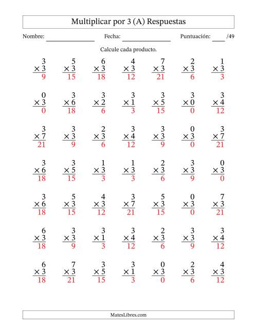 La hoja de ejercicios de Multiplicar (Factores de 0 a 7) por 3 (49 Preguntas) (Todas) Página 2