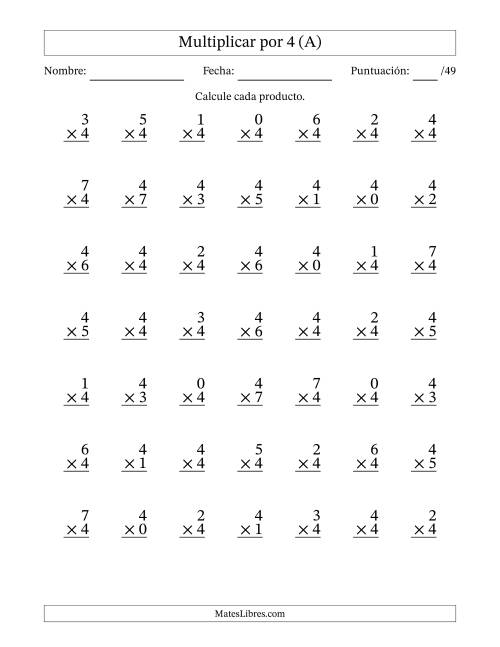 La hoja de ejercicios de Multiplicar (Factores de 0 a 7) por 4 (49 Preguntas) (A)