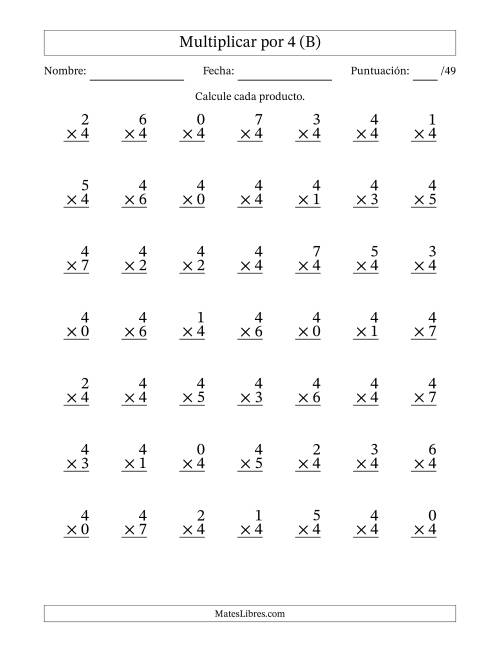 La hoja de ejercicios de Multiplicar (Factores de 0 a 7) por 4 (49 Preguntas) (B)