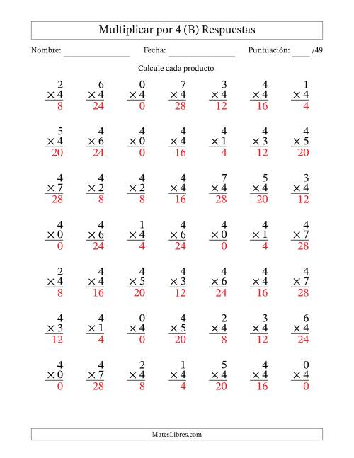 La hoja de ejercicios de Multiplicar (Factores de 0 a 7) por 4 (49 Preguntas) (B) Página 2