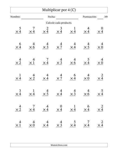La hoja de ejercicios de Multiplicar (Factores de 0 a 7) por 4 (49 Preguntas) (C)
