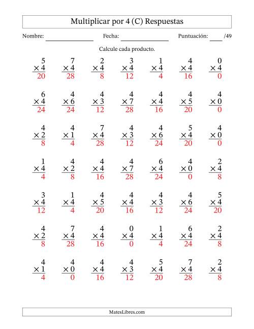 La hoja de ejercicios de Multiplicar (Factores de 0 a 7) por 4 (49 Preguntas) (C) Página 2