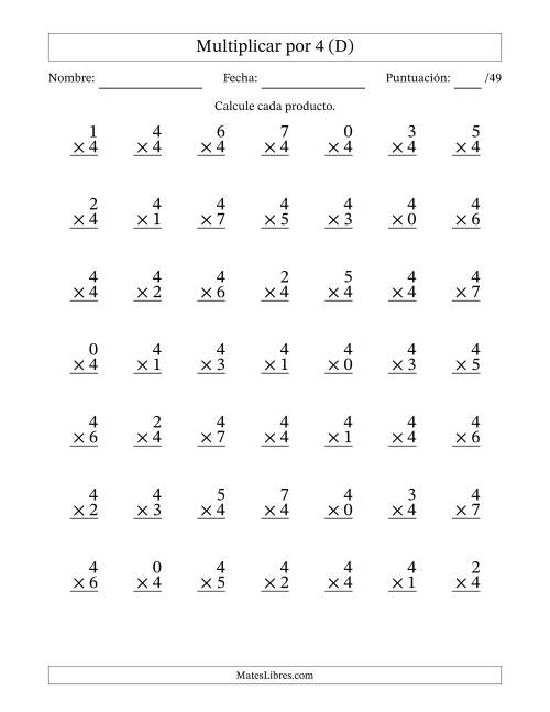 La hoja de ejercicios de Multiplicar (Factores de 0 a 7) por 4 (49 Preguntas) (D)