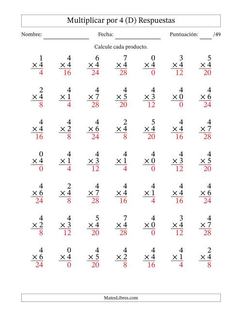 La hoja de ejercicios de Multiplicar (Factores de 0 a 7) por 4 (49 Preguntas) (D) Página 2
