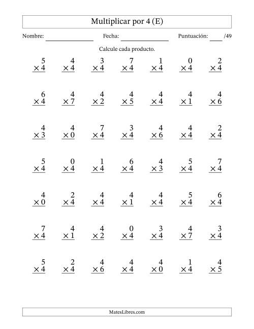 La hoja de ejercicios de Multiplicar (Factores de 0 a 7) por 4 (49 Preguntas) (E)