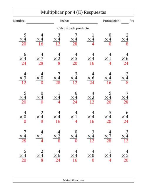 La hoja de ejercicios de Multiplicar (Factores de 0 a 7) por 4 (49 Preguntas) (E) Página 2