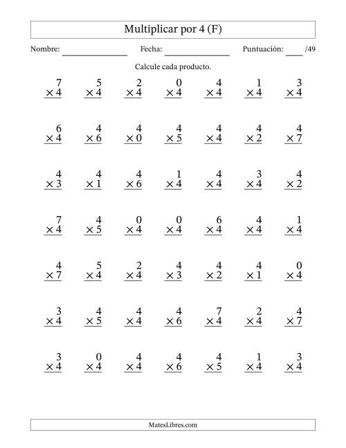 La hoja de ejercicios de Multiplicar (Factores de 0 a 7) por 4 (49 Preguntas) (F)