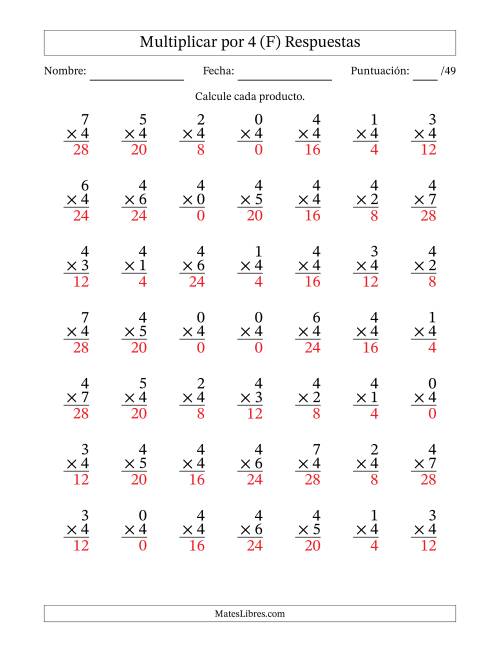 La hoja de ejercicios de Multiplicar (Factores de 0 a 7) por 4 (49 Preguntas) (F) Página 2