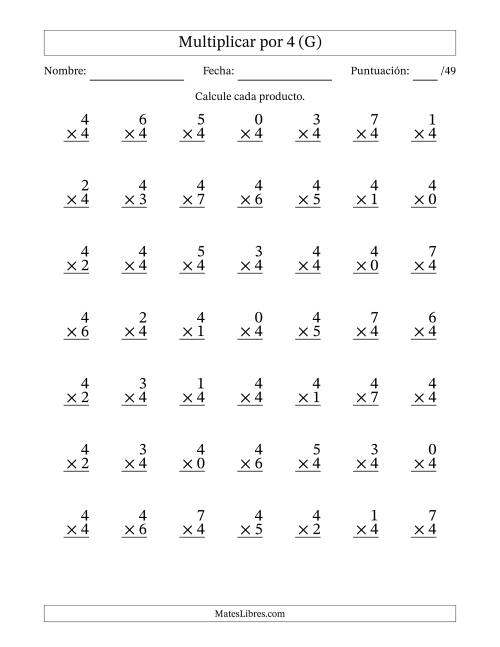 La hoja de ejercicios de Multiplicar (Factores de 0 a 7) por 4 (49 Preguntas) (G)
