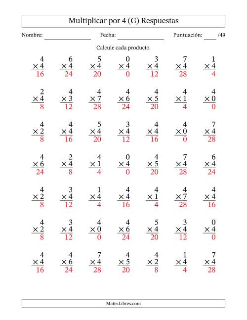 La hoja de ejercicios de Multiplicar (Factores de 0 a 7) por 4 (49 Preguntas) (G) Página 2