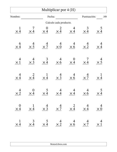 La hoja de ejercicios de Multiplicar (Factores de 0 a 7) por 4 (49 Preguntas) (H)