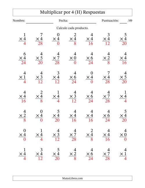 La hoja de ejercicios de Multiplicar (Factores de 0 a 7) por 4 (49 Preguntas) (H) Página 2
