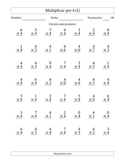 La hoja de ejercicios de Multiplicar (Factores de 0 a 7) por 4 (49 Preguntas) (I)
