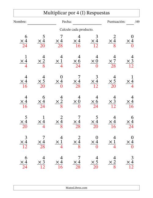 La hoja de ejercicios de Multiplicar (Factores de 0 a 7) por 4 (49 Preguntas) (I) Página 2