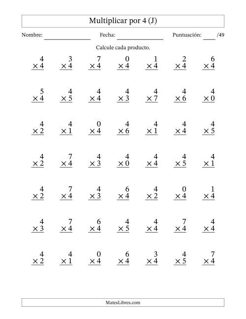 La hoja de ejercicios de Multiplicar (Factores de 0 a 7) por 4 (49 Preguntas) (J)