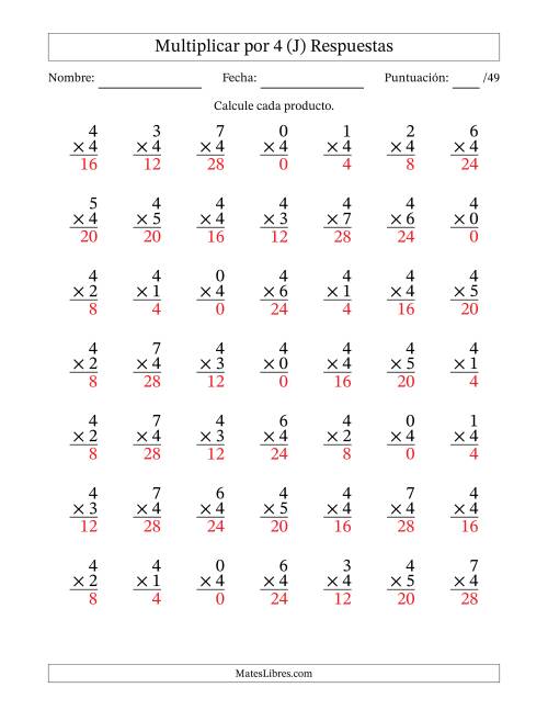 La hoja de ejercicios de Multiplicar (Factores de 0 a 7) por 4 (49 Preguntas) (J) Página 2