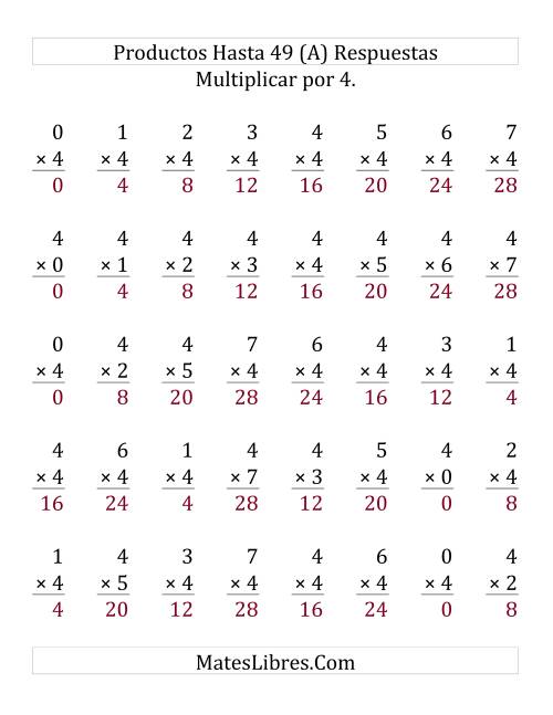 La hoja de ejercicios de Multiplicar por 4 (rango de 0 a 7) (Grande) Página 2