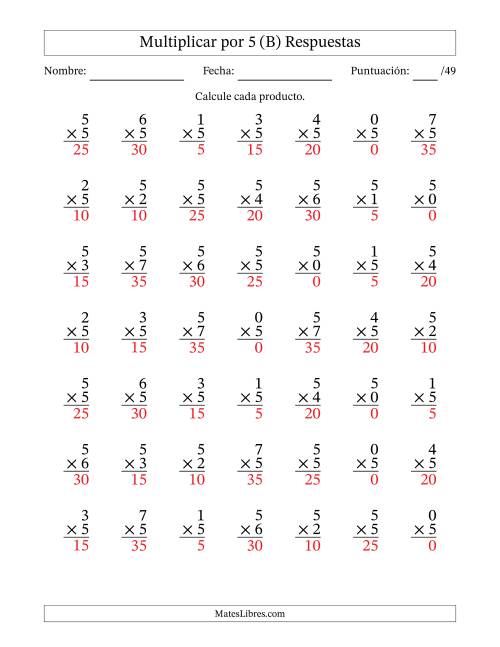 La hoja de ejercicios de Multiplicar (Factores de 0 a 7) por 5 (49 Preguntas) (B) Página 2