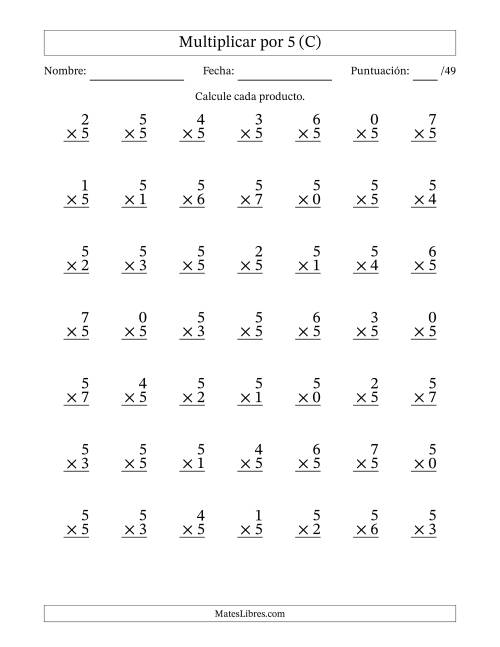 La hoja de ejercicios de Multiplicar (Factores de 0 a 7) por 5 (49 Preguntas) (C)