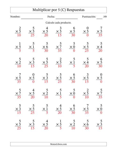 La hoja de ejercicios de Multiplicar (Factores de 0 a 7) por 5 (49 Preguntas) (C) Página 2