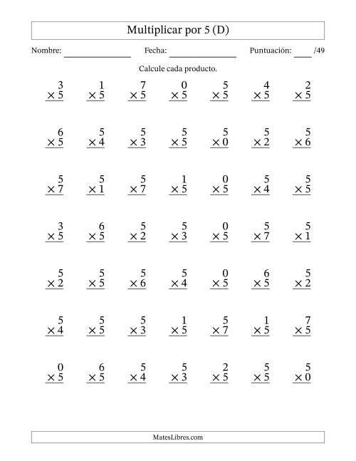 La hoja de ejercicios de Multiplicar (Factores de 0 a 7) por 5 (49 Preguntas) (D)