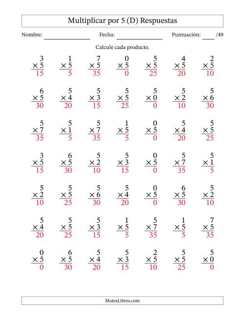 La hoja de ejercicios de Multiplicar (Factores de 0 a 7) por 5 (49 Preguntas) (D) Página 2