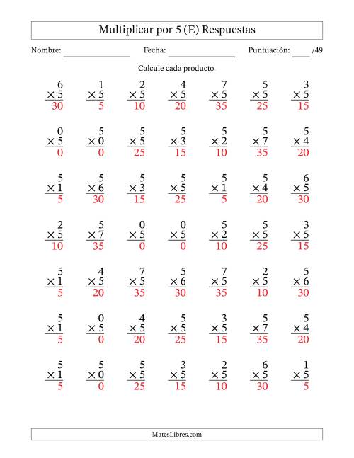 La hoja de ejercicios de Multiplicar (Factores de 0 a 7) por 5 (49 Preguntas) (E) Página 2