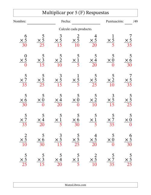 La hoja de ejercicios de Multiplicar (Factores de 0 a 7) por 5 (49 Preguntas) (F) Página 2