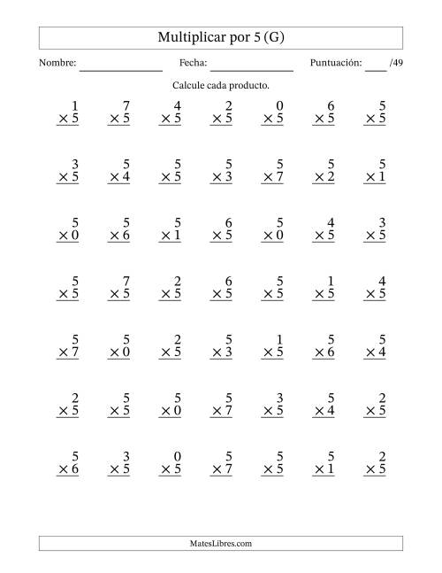 La hoja de ejercicios de Multiplicar (Factores de 0 a 7) por 5 (49 Preguntas) (G)